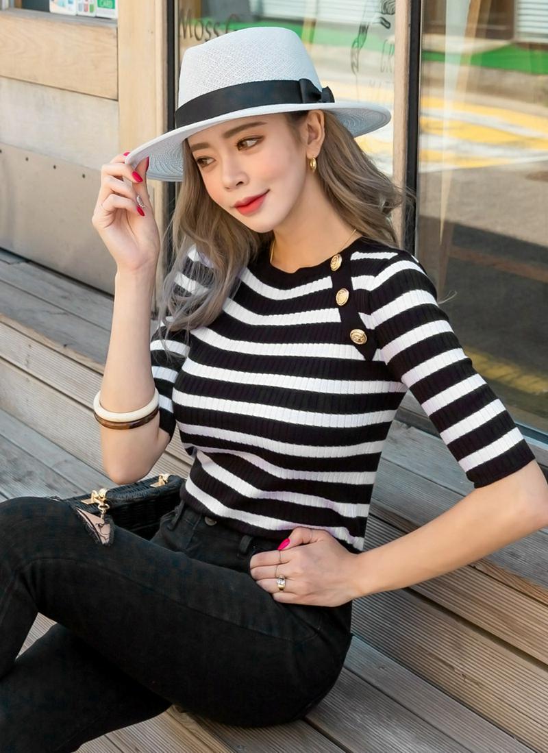 ゴールドボタンボーダーニット