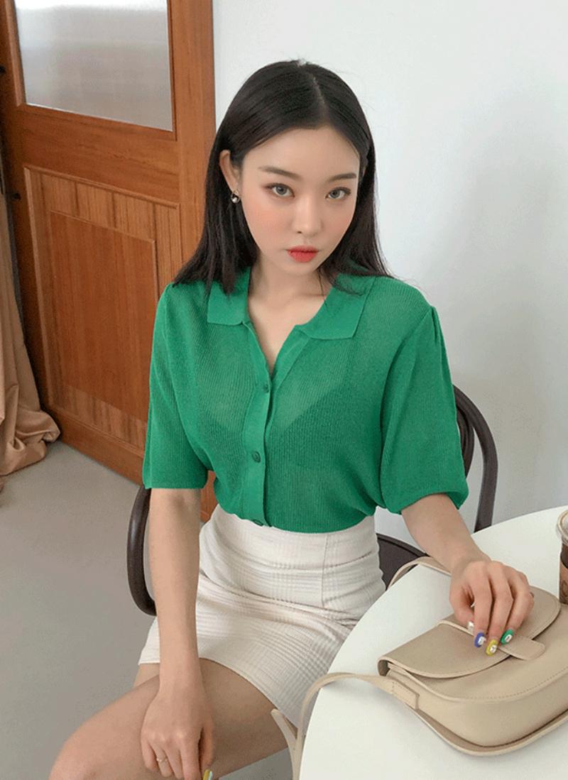 カラーボタン半袖シアーニット