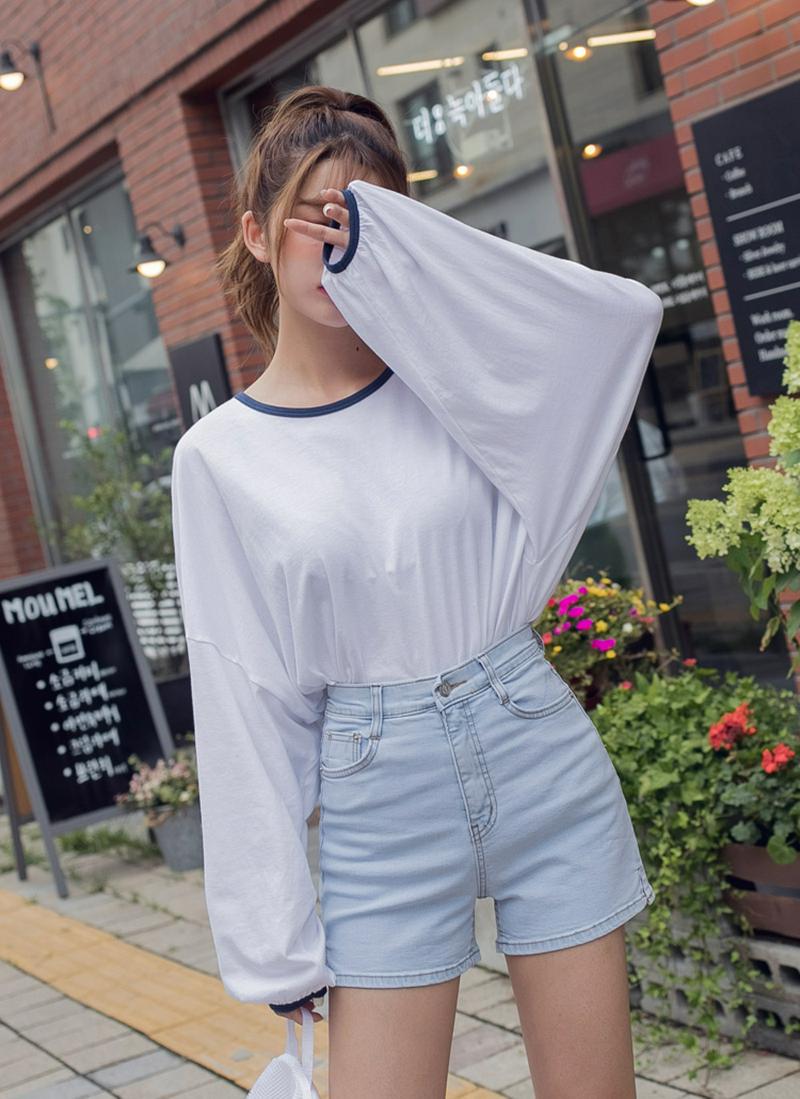 パフドロップショルダー配色Tシャツ