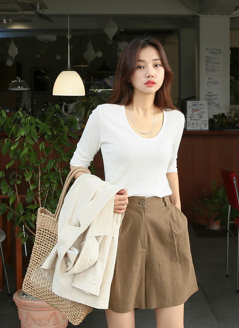 リネン混UネックTシャツ