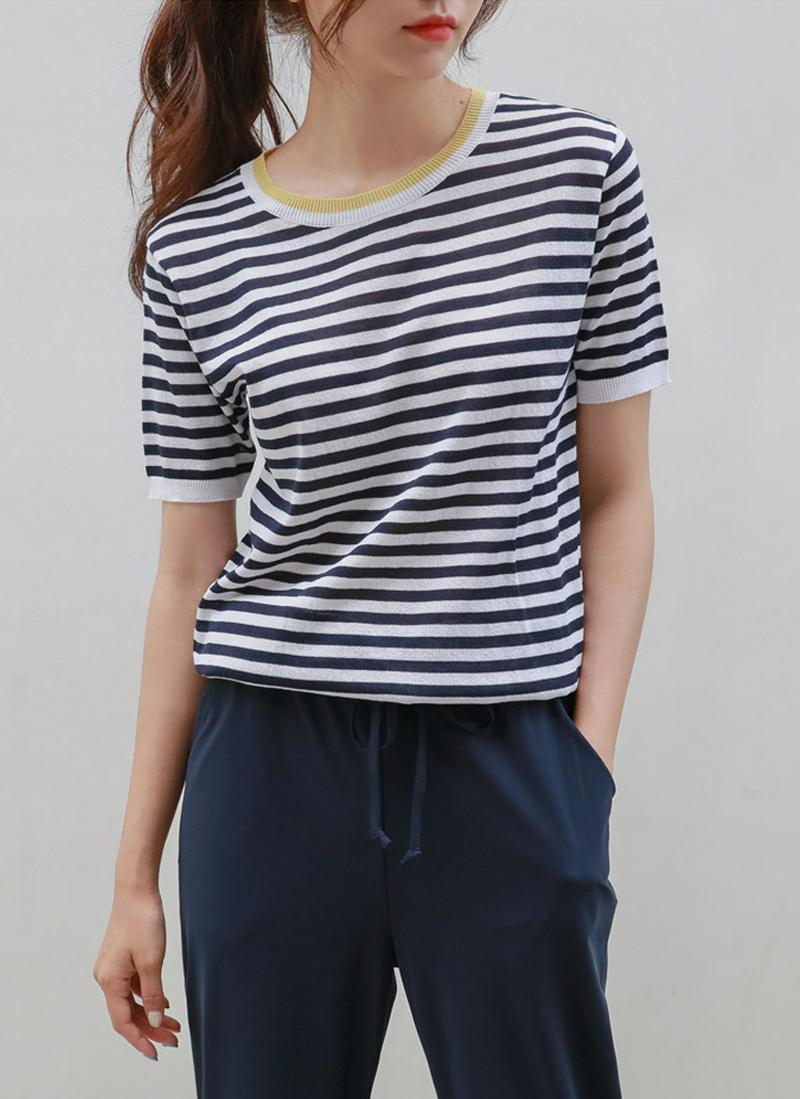 ボーダー配色ラウンドネックニット