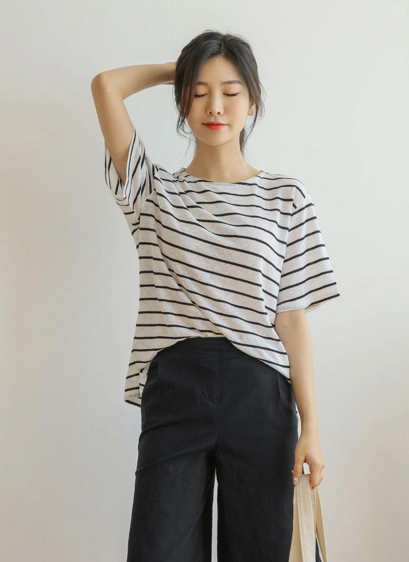 ハーフスリーブリネン混ボーダーTシャツ