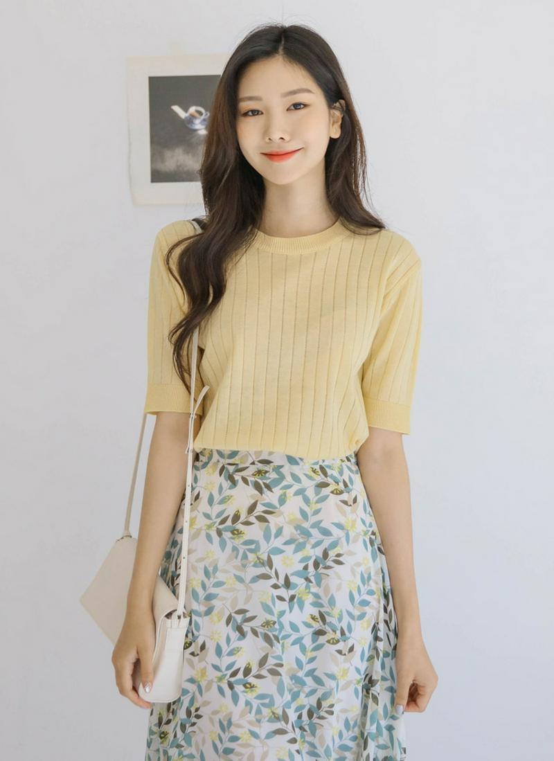 パンチングリブ半袖ニット