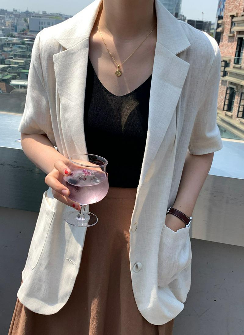 リネン混ヘリンボーンハーフスリーブミドルジャケット