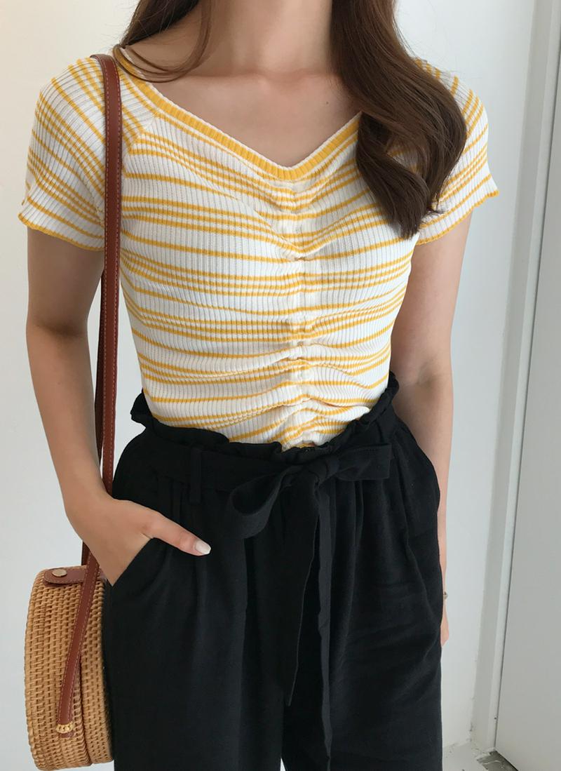 フロントギャザーボーダー半袖ニット