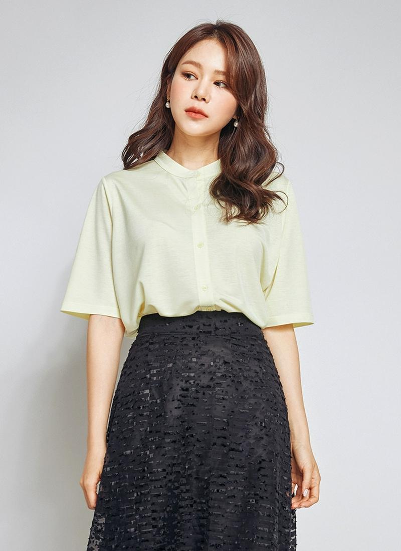 マオカラーボタンリネン半袖Tシャツ