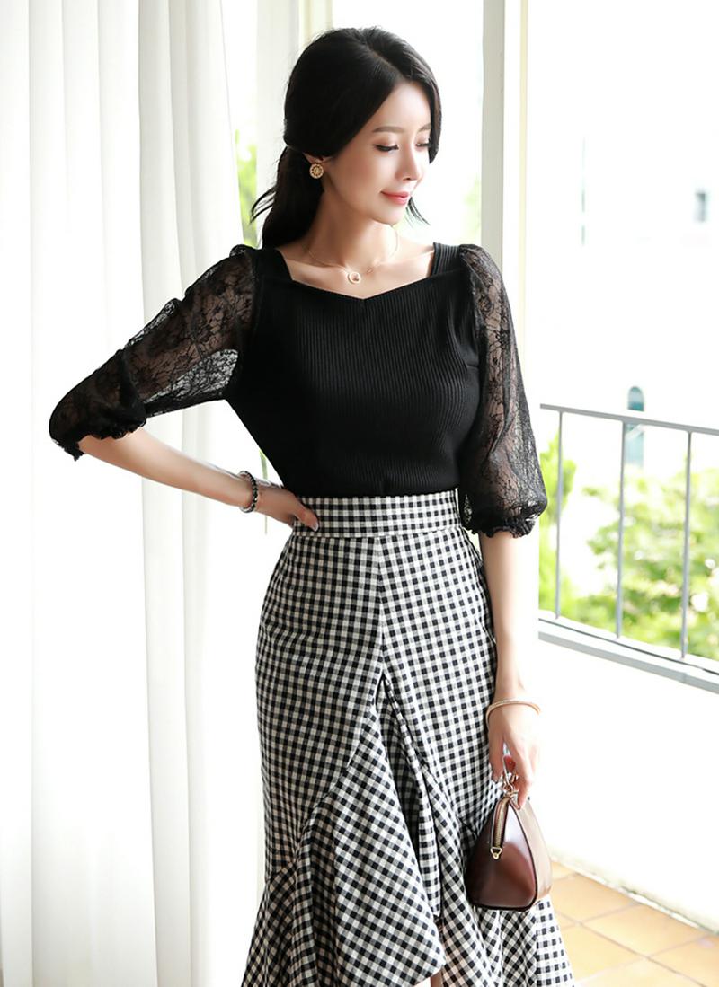 切替レーススリーブリブTシャツ