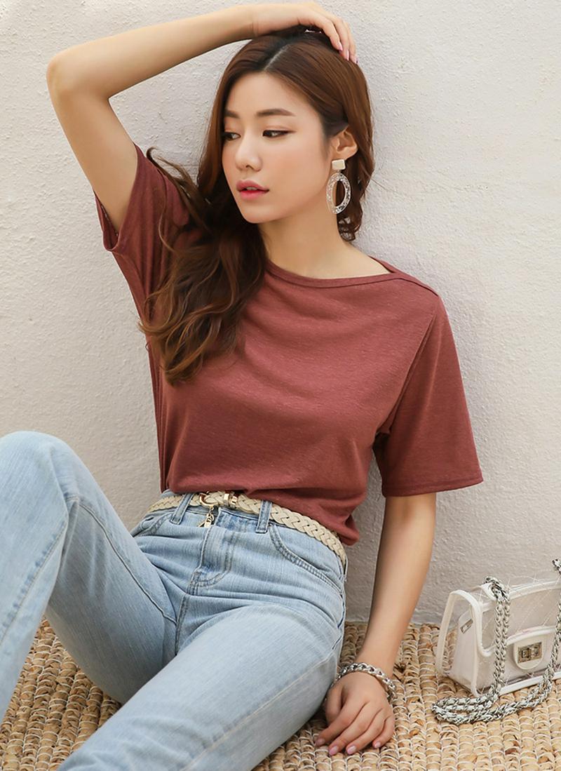 ボートネック半袖リネン混Tシャツ