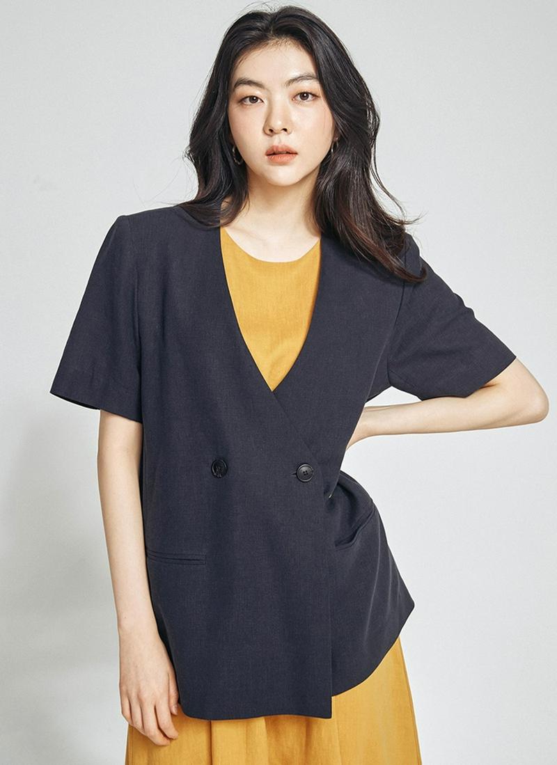 テンセルリネン混ノーカラージャケット(ネイビー)