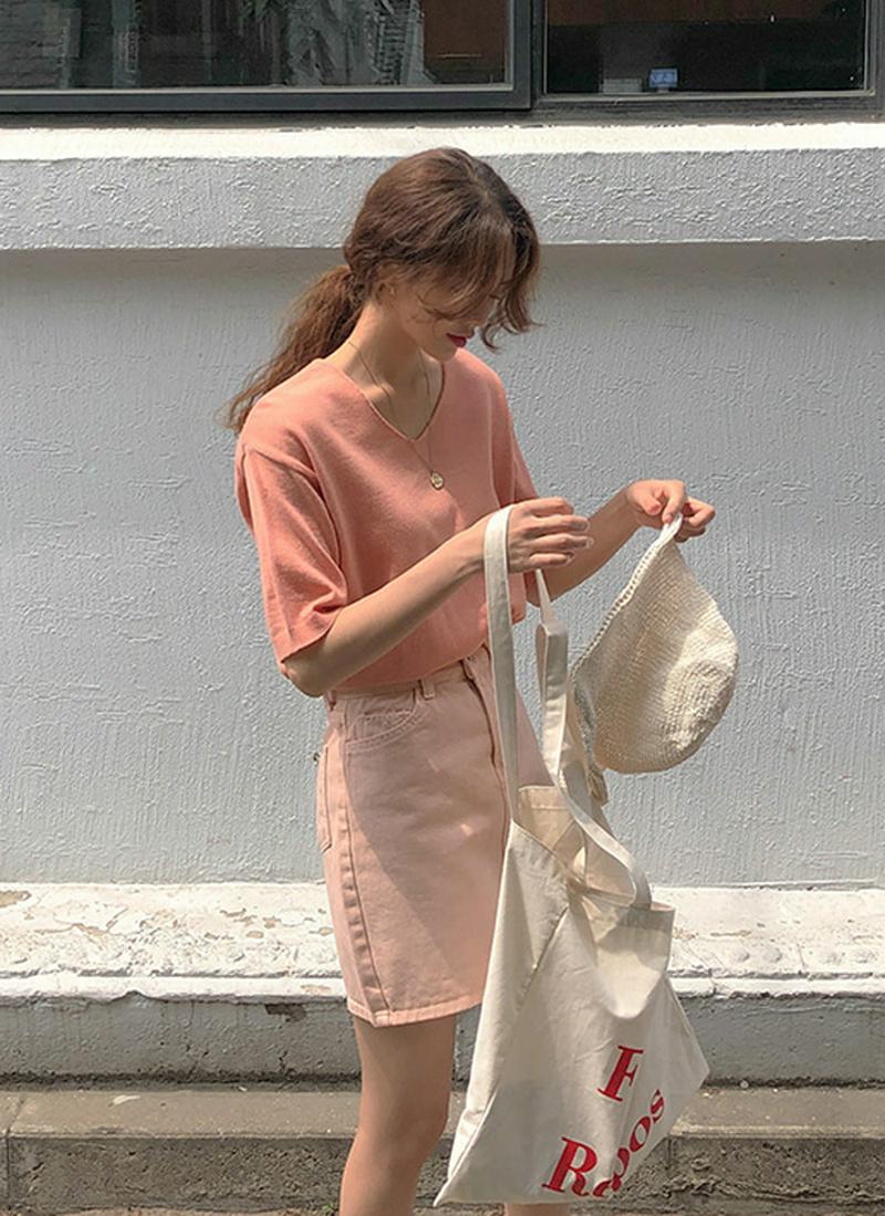 半袖Vネックアクリルミックスニット