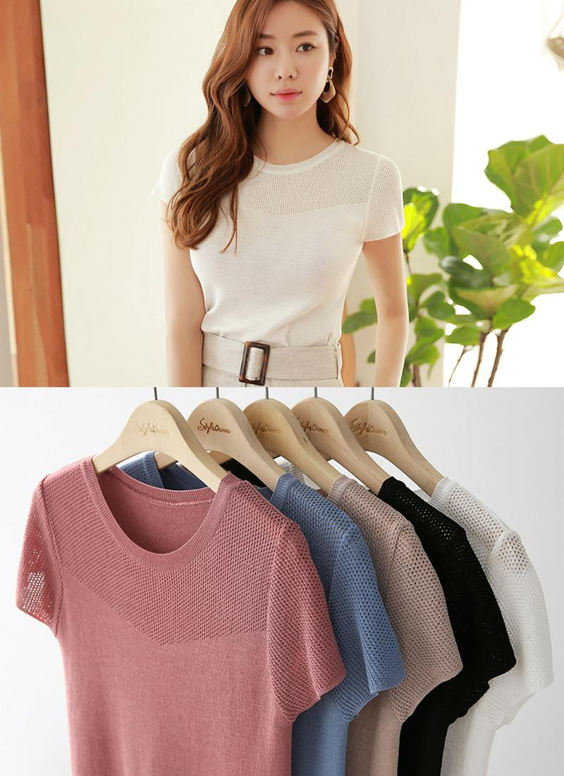 メッシュパネルショートスリーブニット