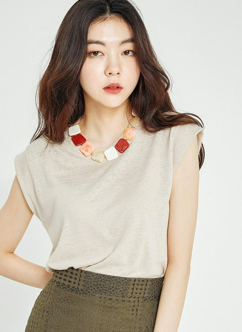 リネン混バンドスリーブTシャツ(ベージュ)