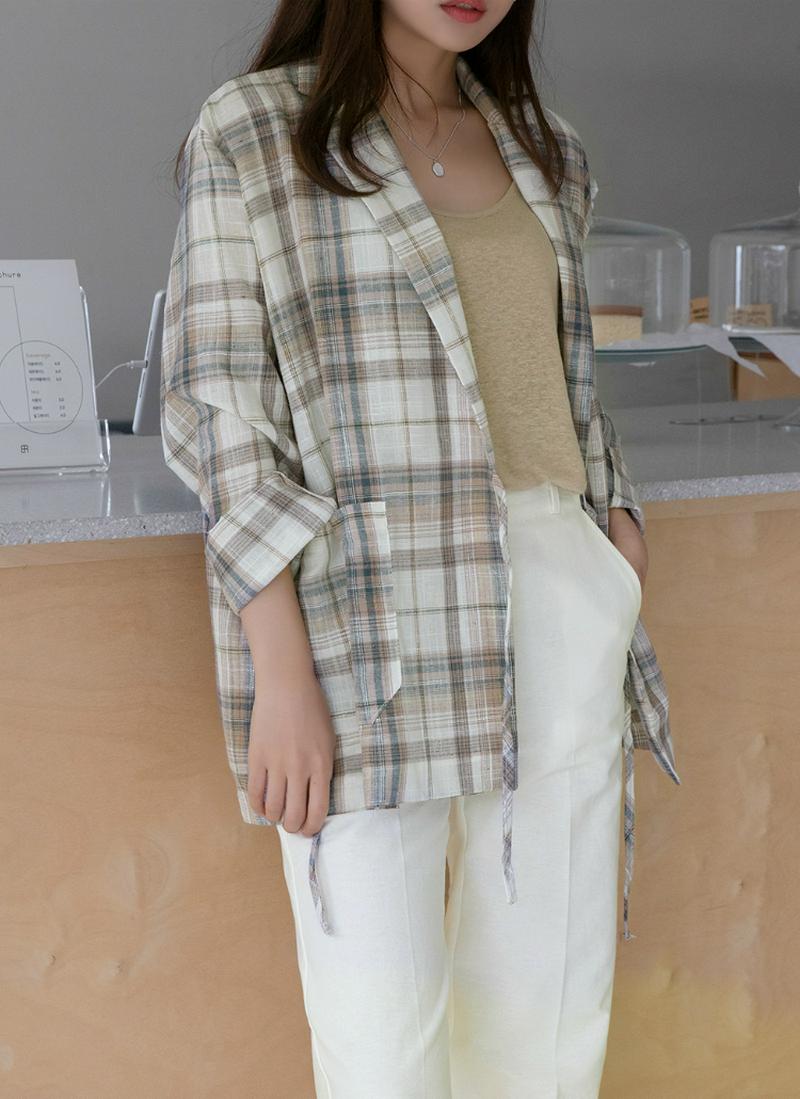リネンブレンドチェック柄ラップジャケット
