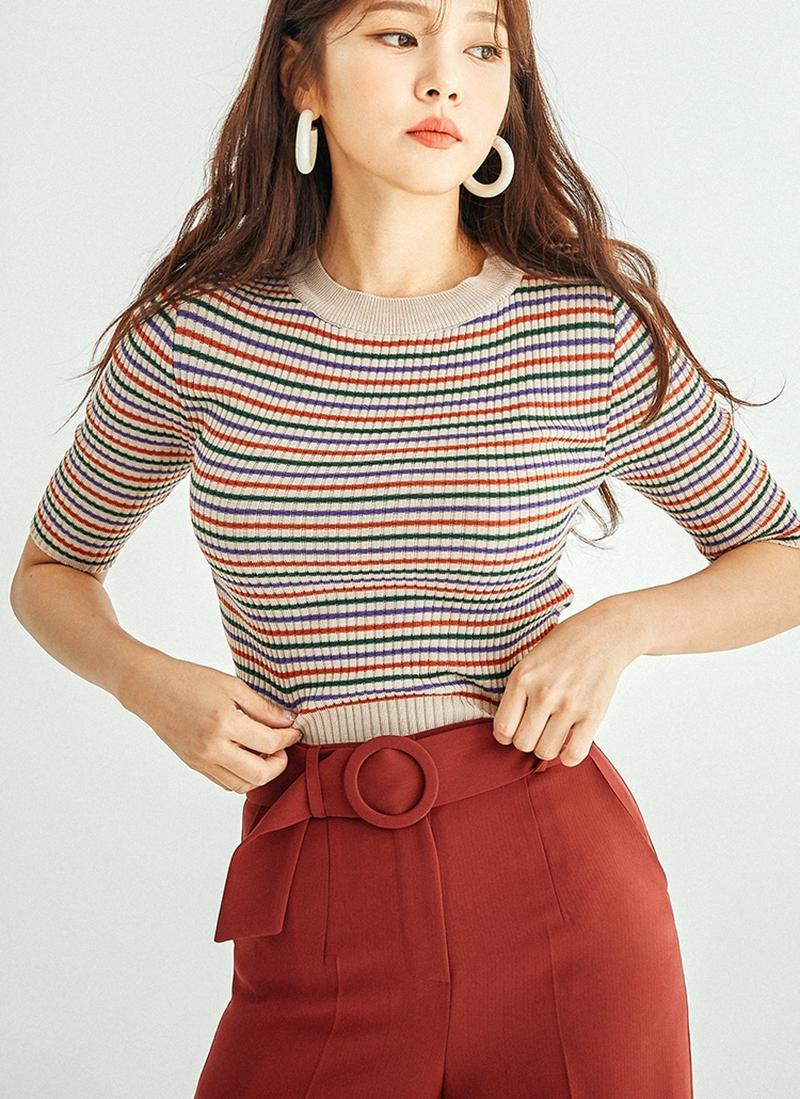 レインボーボーダースリムニット