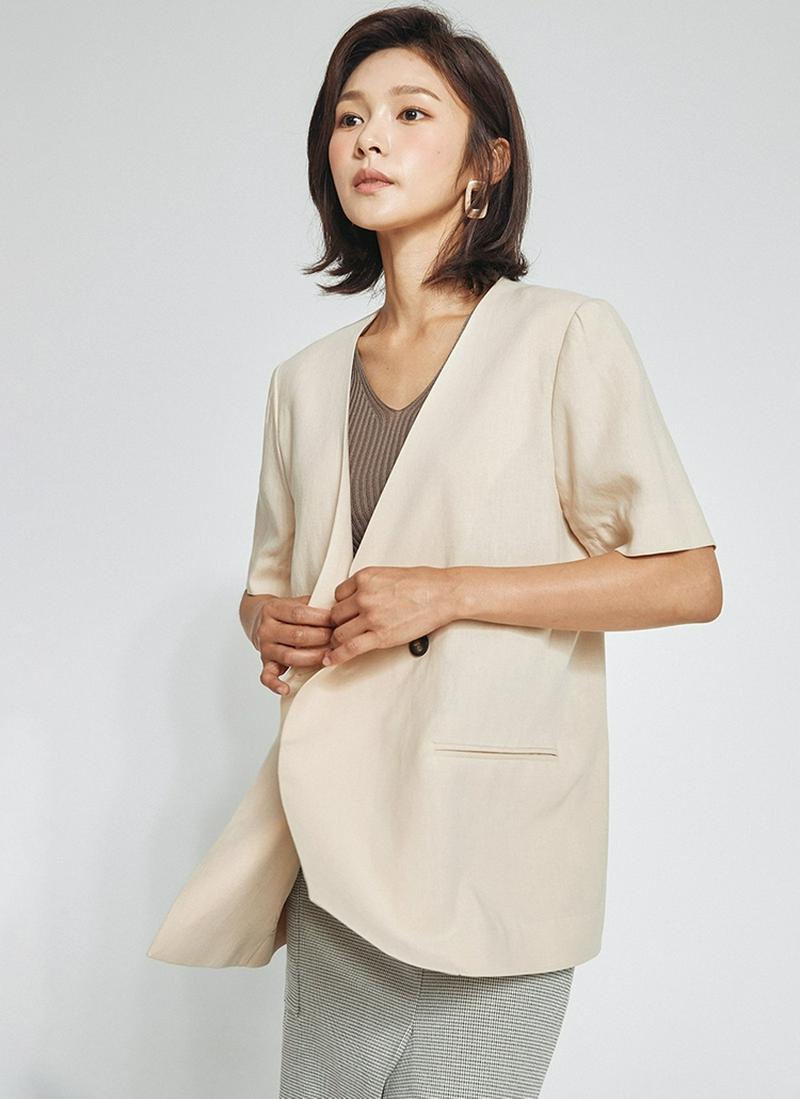 テンセルリネン混ノーカラージャケット(ベージュ)