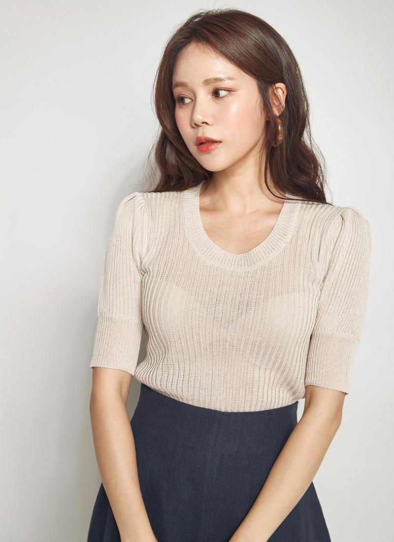 シースルーリブ半袖ニット