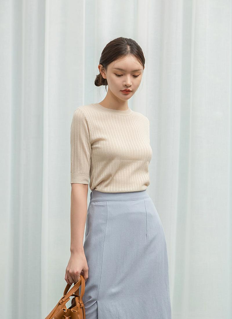 スリムリブ半袖ニット