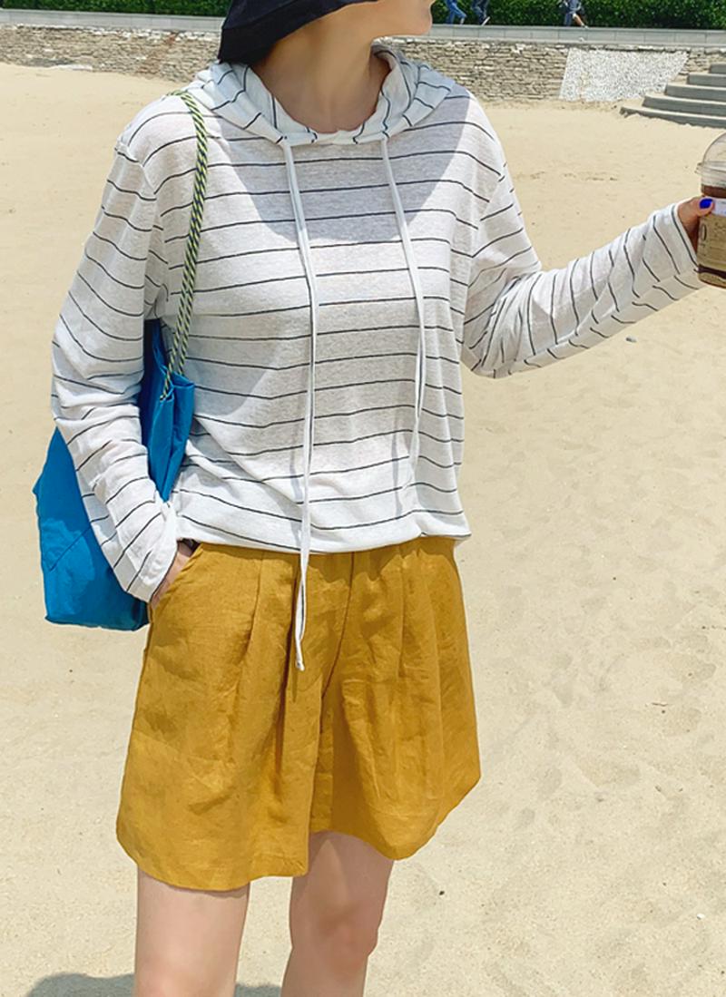 ボーダーリネン混フードTシャツ