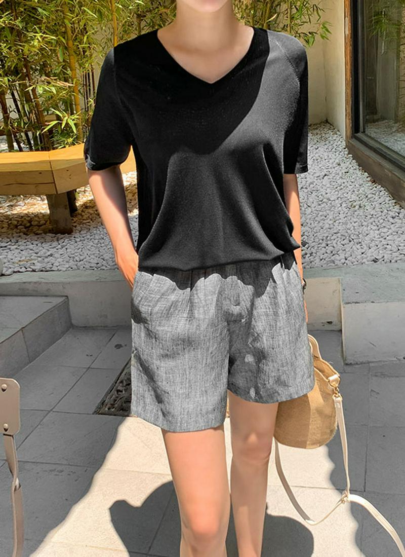 シルク混Vネック半袖ニット