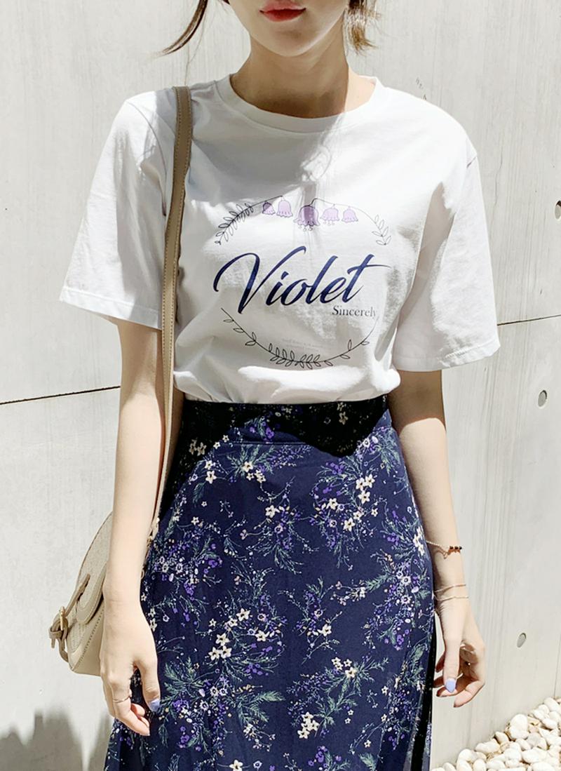 violetフラワーイラスト半袖Tシャツ