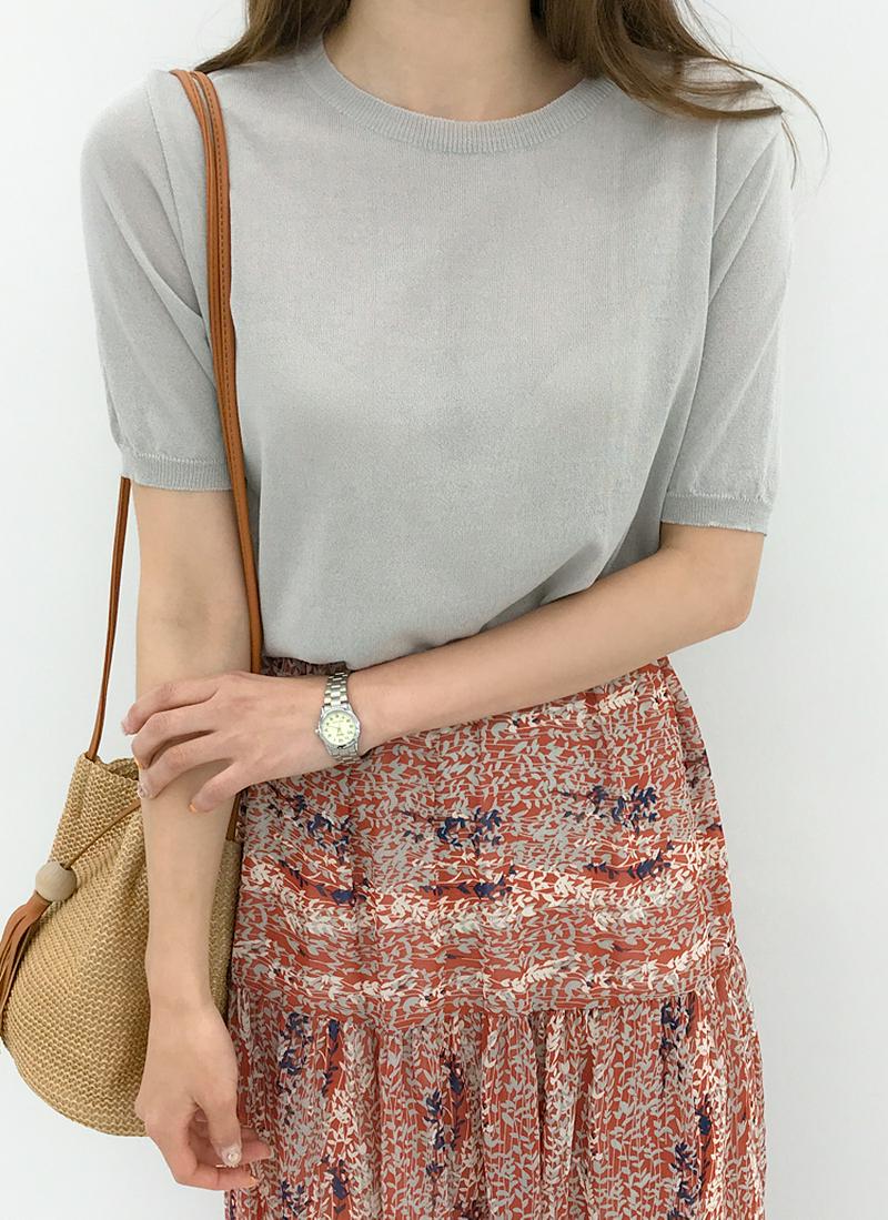 ラウンドネック半袖ライトニット