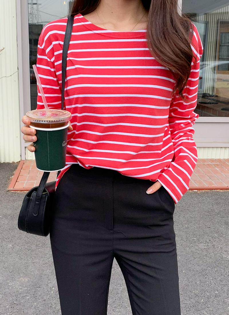 ラウンドネックボーダーロングTシャツ