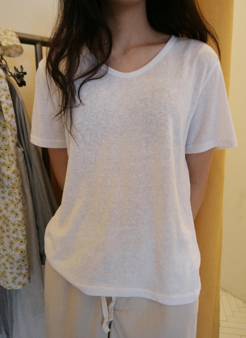 ラウンドネックリネン混紡Tシャツ