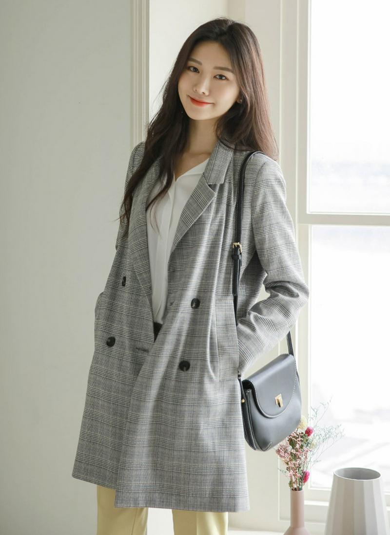 グレンチェックロングダブルジャケット