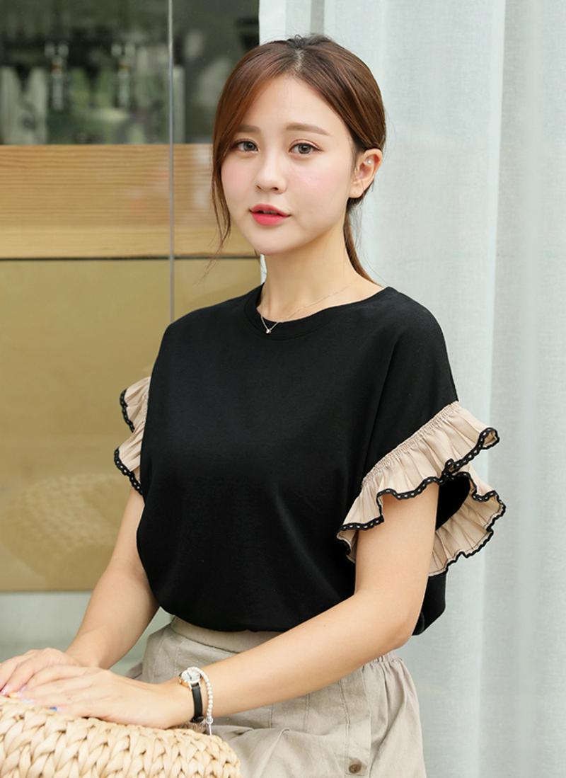 配色フリルスリーブTシャツ