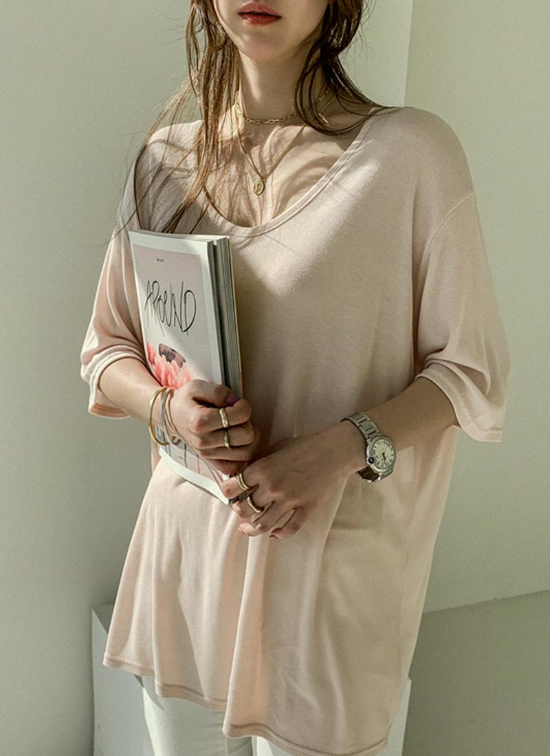 VネックレーヨンルーズTシャツ