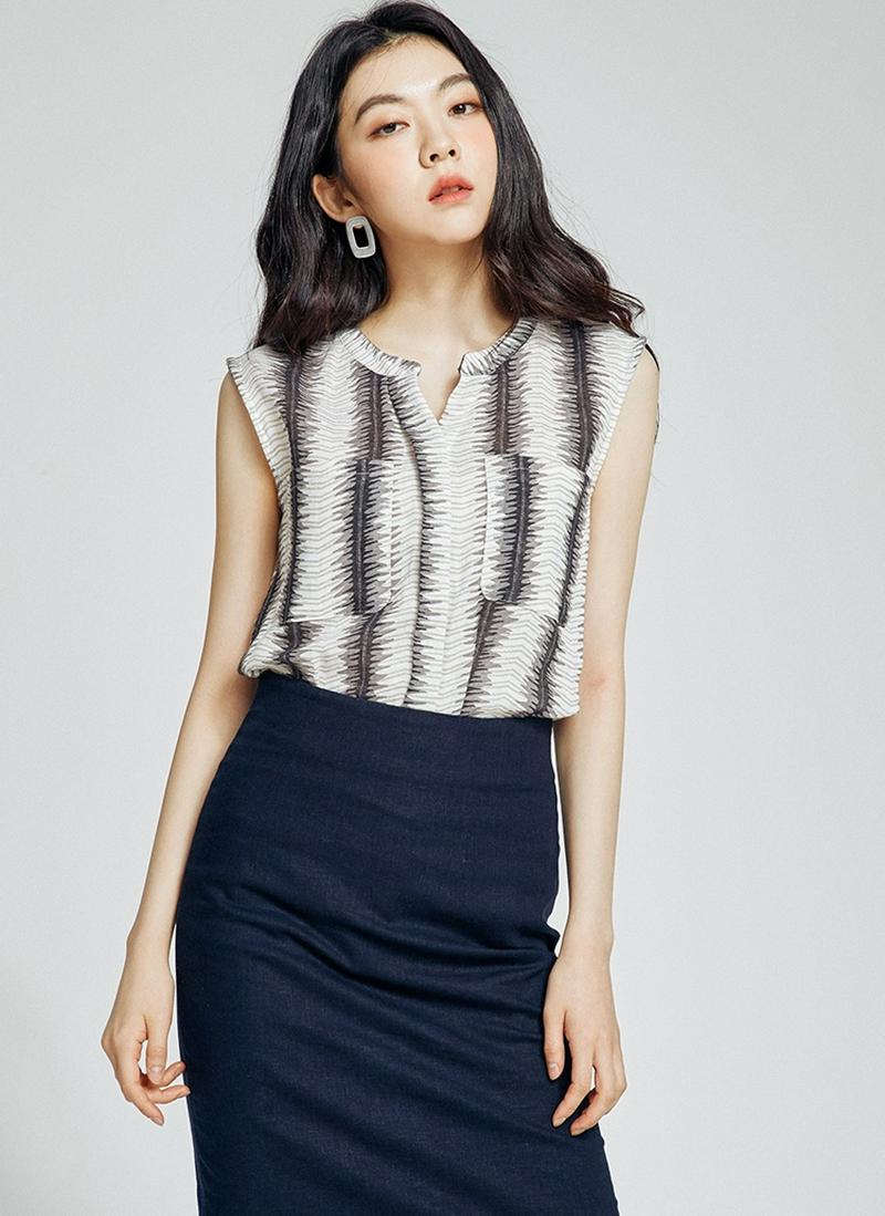 リネン混パターンスキッパーブラウス(ブラック)