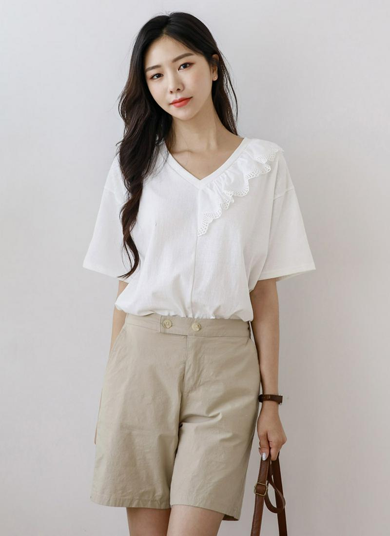 VネックレースカスケードTシャツ
