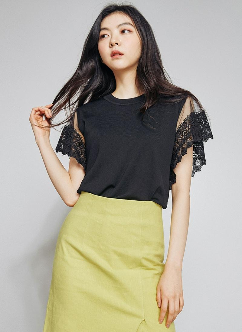 メッシュレースショートスリーブニット