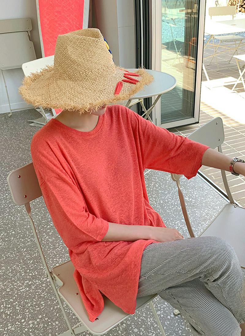 スリットヘムロングリネン混Tシャツ