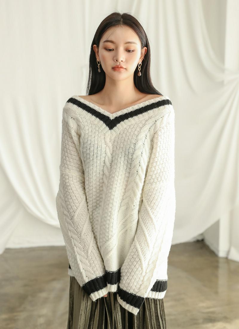 ウールミックスプレッピーケーブルニット