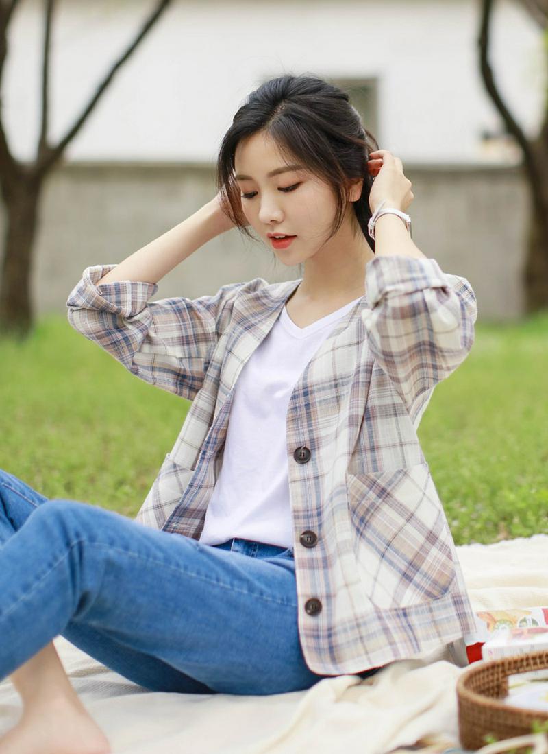 ノーカラーリネンチェックジャケット