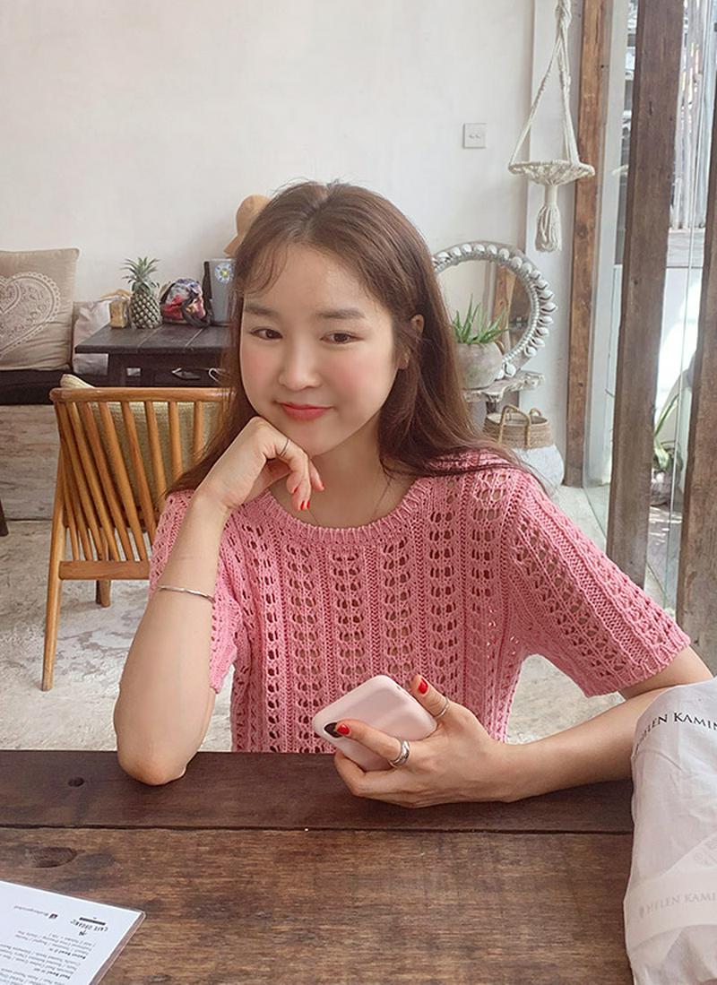 パンチング半袖ニット(ストロベリーピンク)