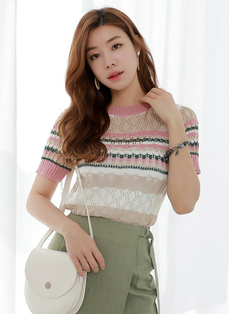 パンチングコントラストカラー半袖ニット