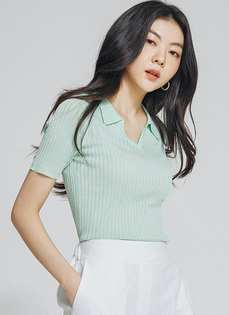 スキッパーカラー半袖シアーニット