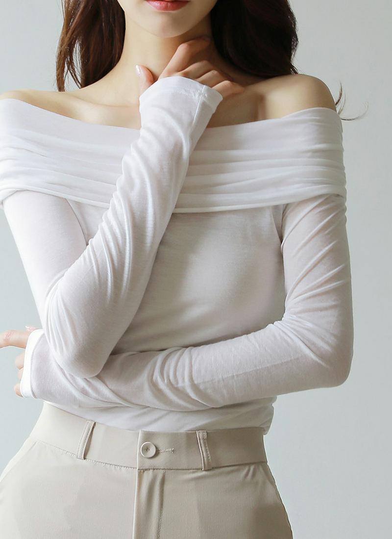 シースルーオフショル長袖Tシャツ