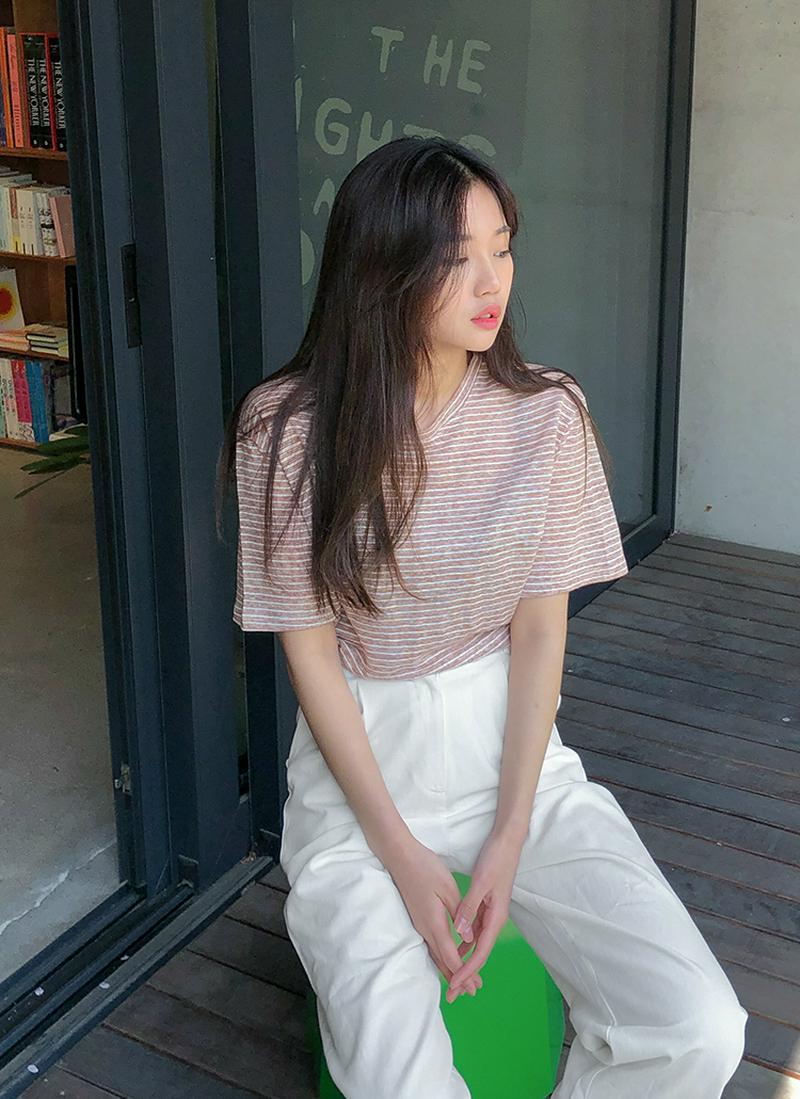 ルーズフィットリネンボーダーTシャツ