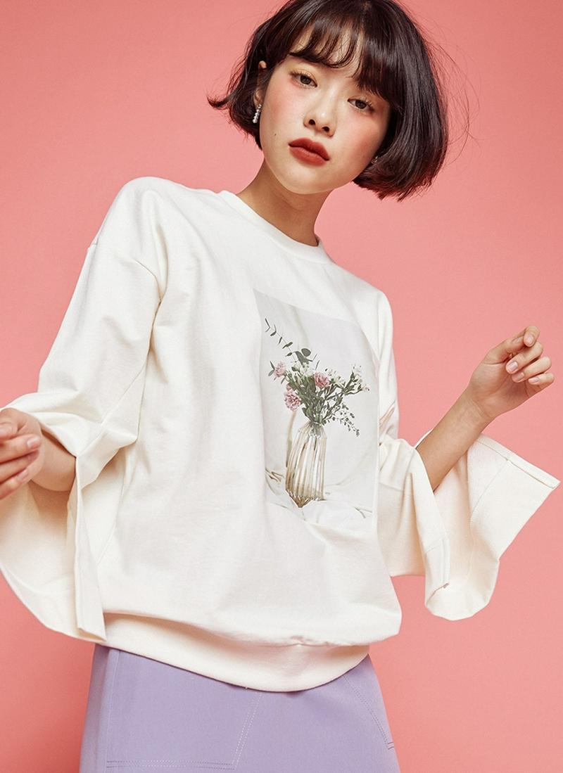 袖スリットプリントTシャツ(アイボリー)