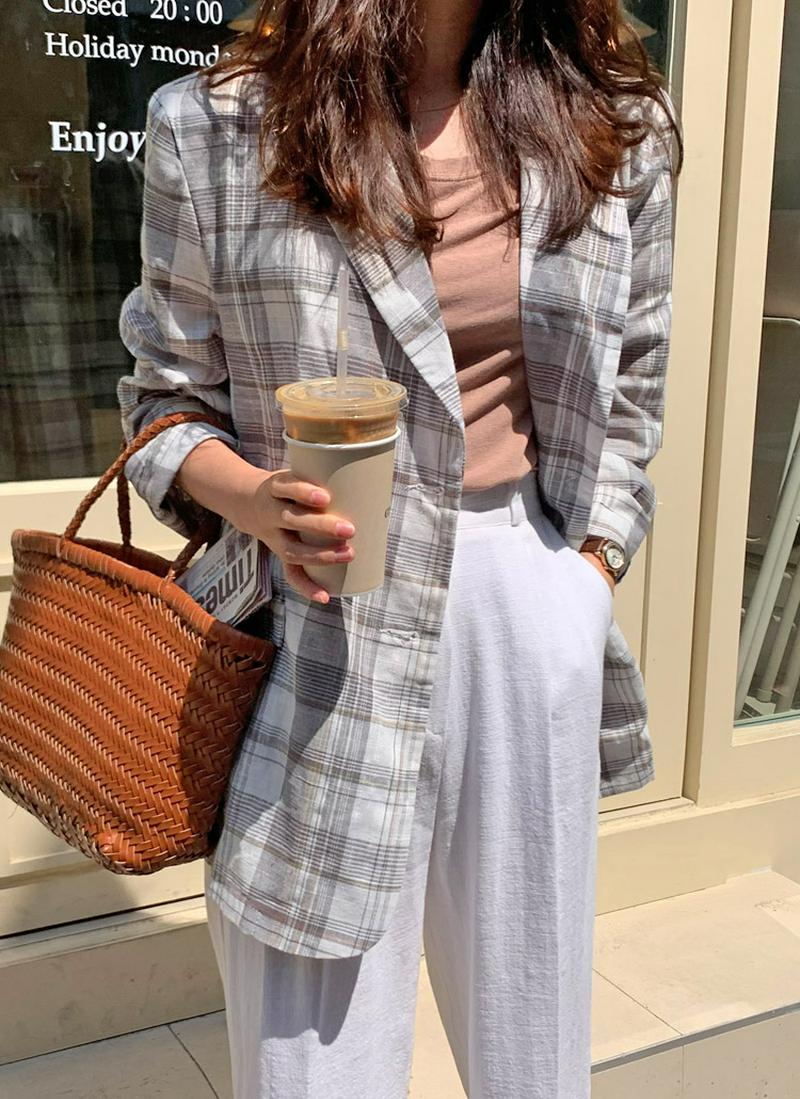 オーバーフィットリネン混チェックジャケット