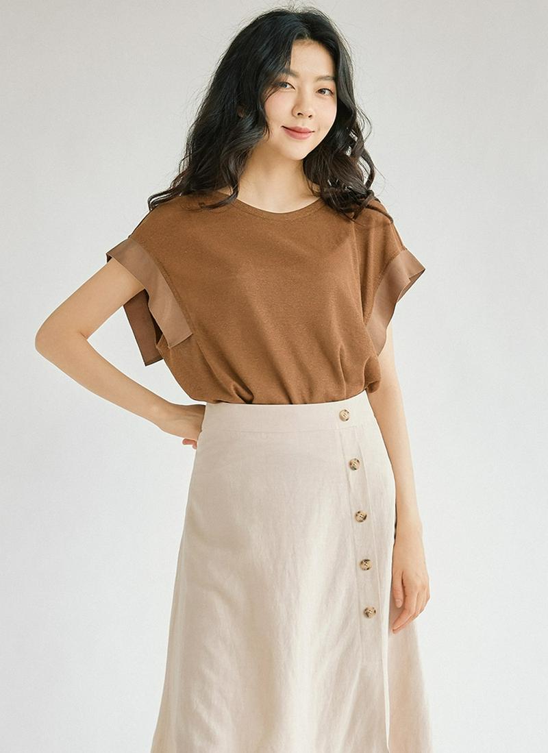 リネン混バンドスリーブTシャツ