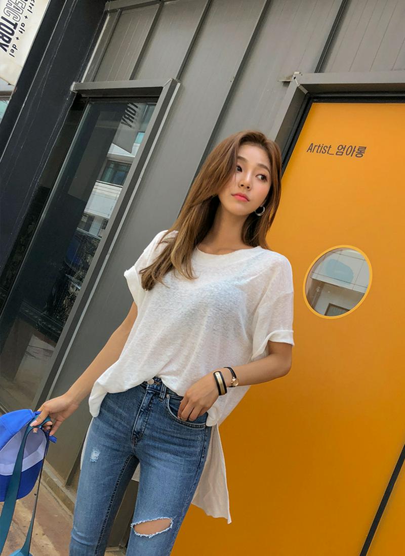 アシメヘムリネン混Tシャツ