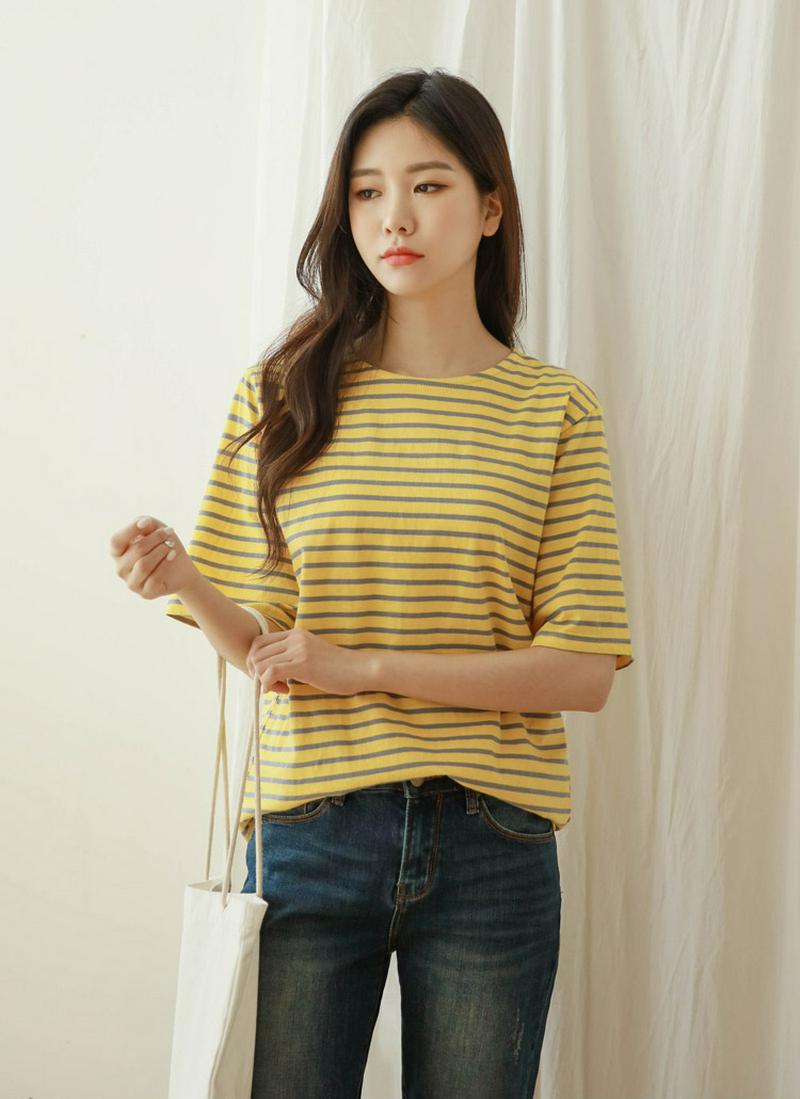 ハーフ配色ボーダーコットンTシャツ