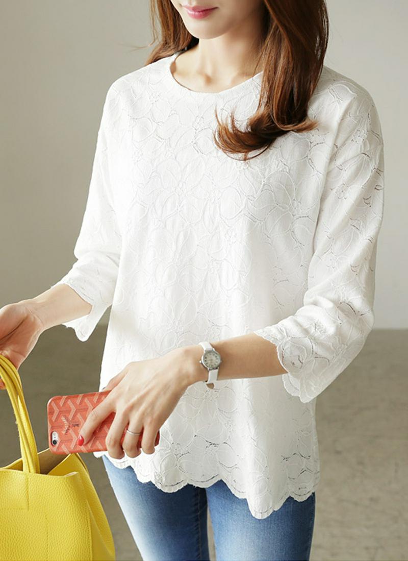 ラウンドネックレースTシャツ