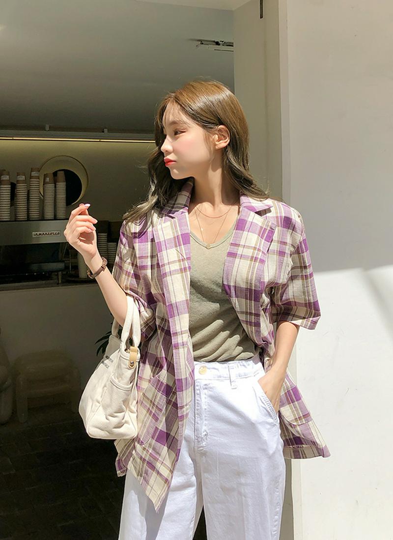 アウトポケットリネンチェックジャケット