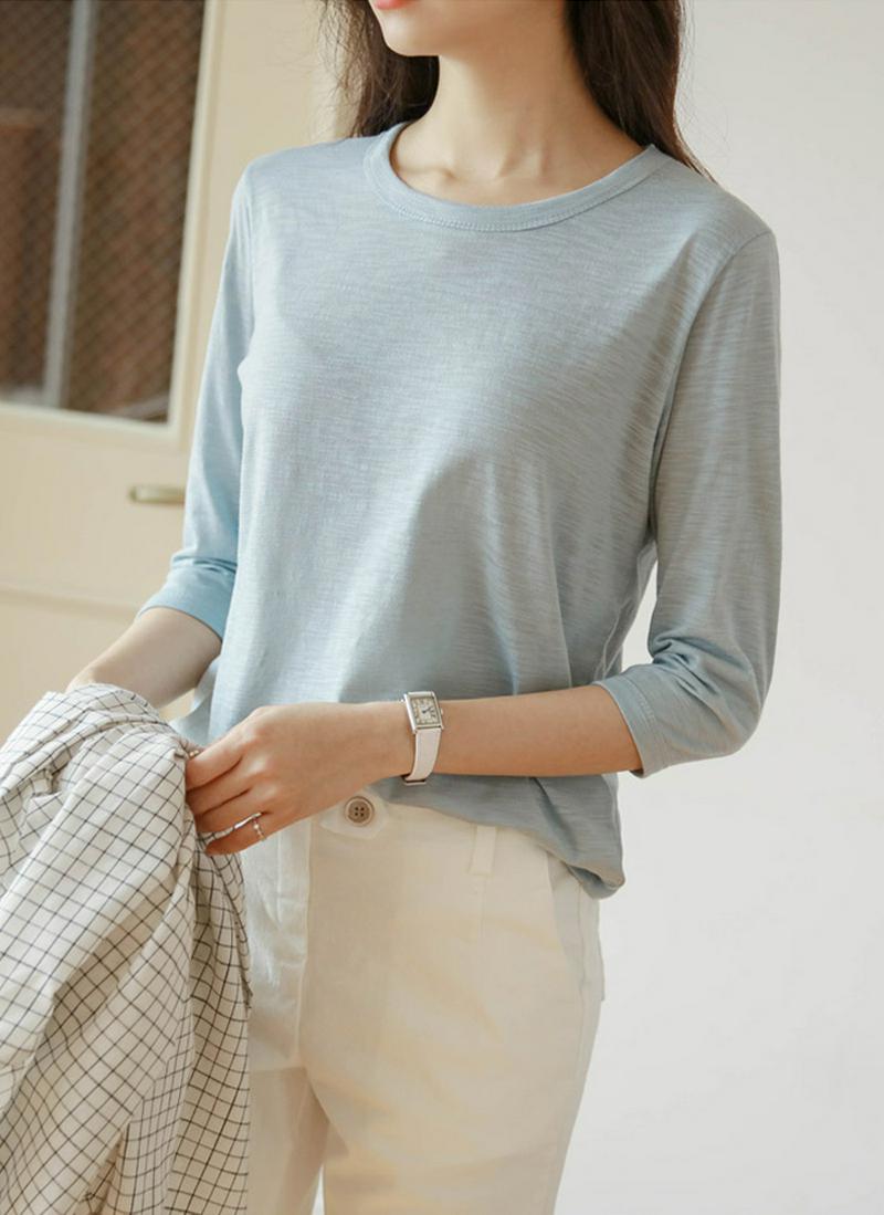 ラウンドネックスラブ7分丈Tシャツ