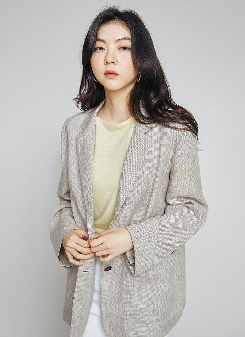 アウトポケットリネンベージュチェックジャケット